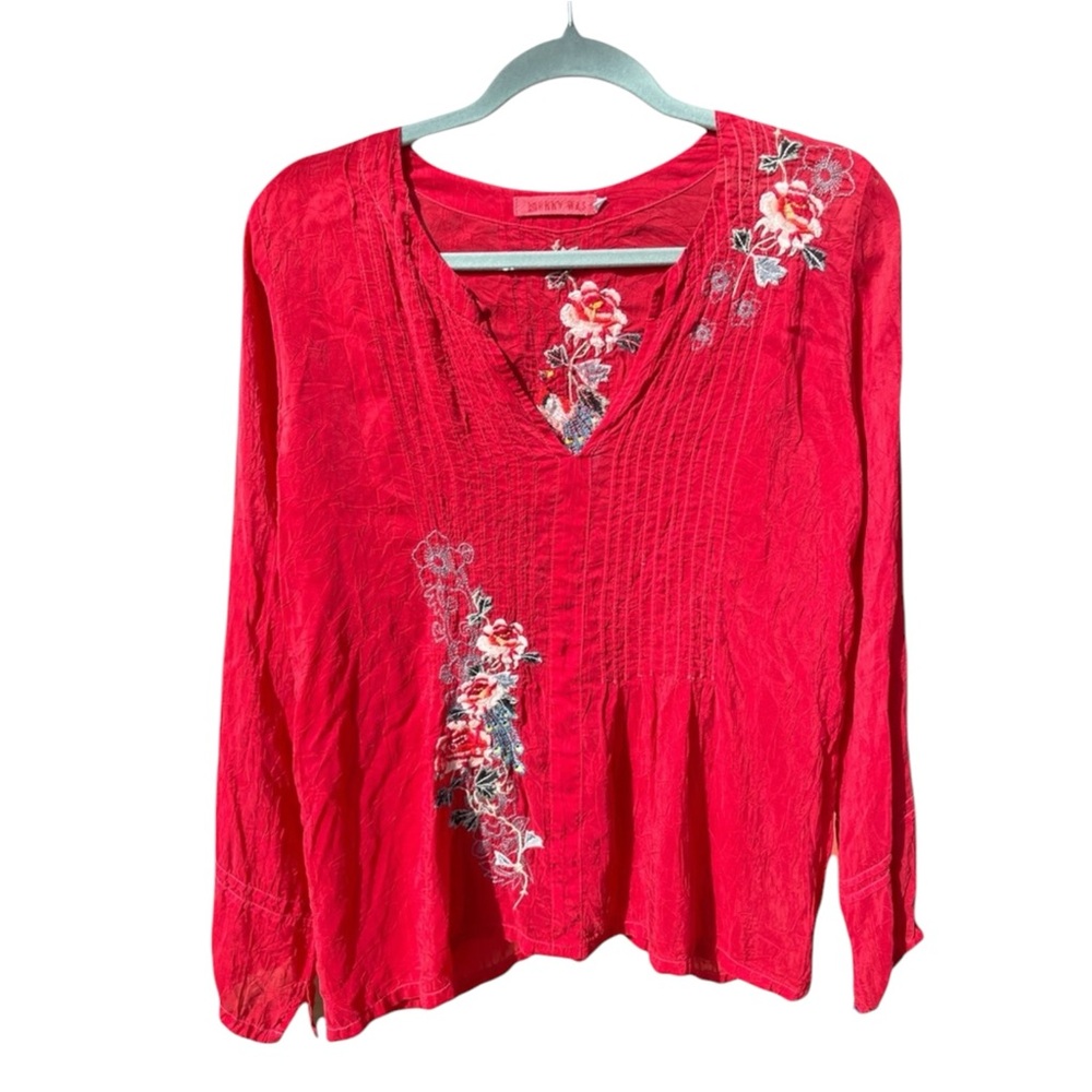 Y2K Red Johnny Was Silk Tunic Long Sleeve Blouse with Floral & Rose Embroidery.